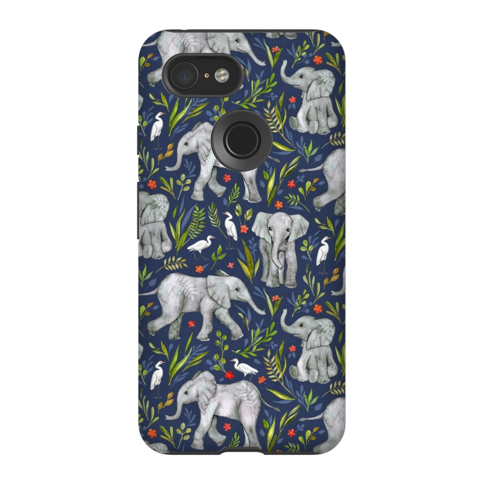 Pixel 3 StrongFit Little Watercolor Elephants and Egrets on Navy Blue by Micklyn Le Feuvre