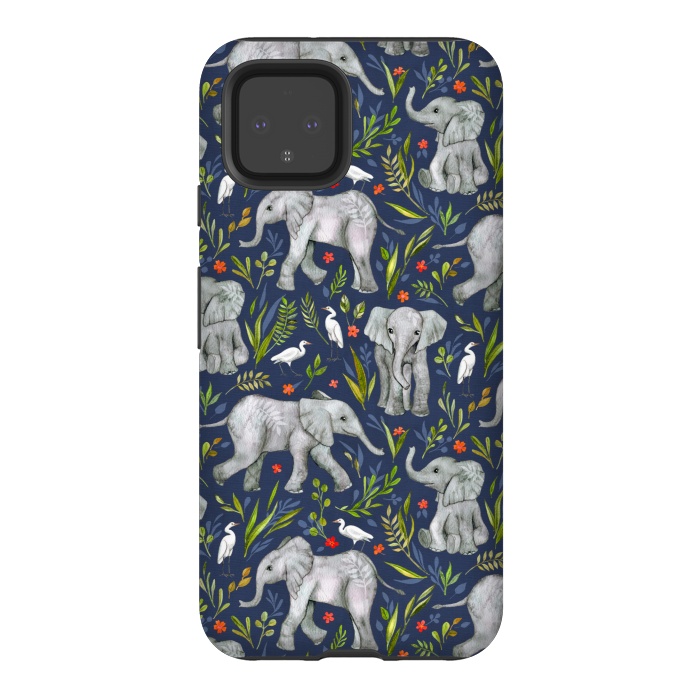 Pixel 4 StrongFit Little Watercolor Elephants and Egrets on Navy Blue by Micklyn Le Feuvre