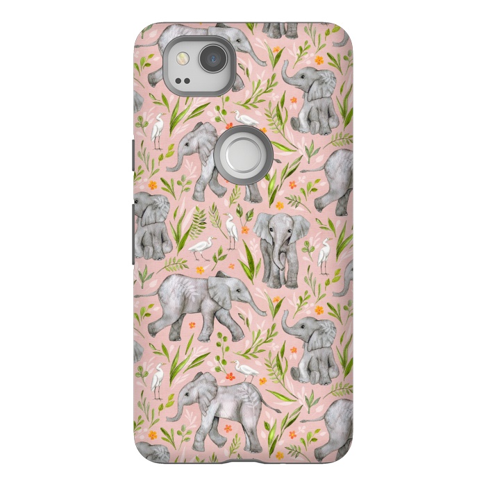 Pixel 2 StrongFit Little Watercolor Elephants and Egrets on Blush Pink  by Micklyn Le Feuvre