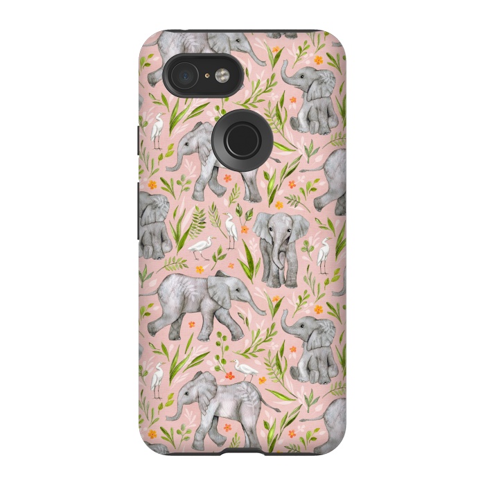 Pixel 3 StrongFit Little Watercolor Elephants and Egrets on Blush Pink  by Micklyn Le Feuvre