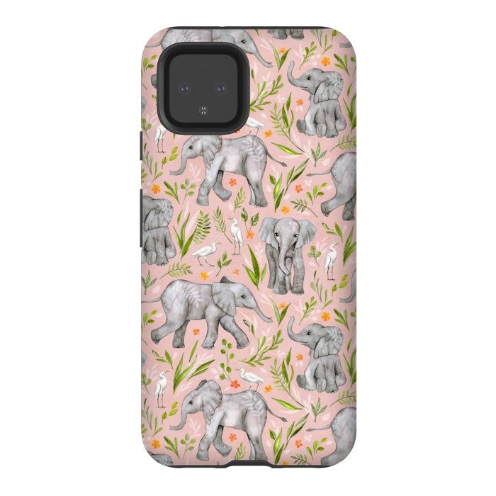 Pixel 4 StrongFit Little Watercolor Elephants and Egrets on Blush Pink  by Micklyn Le Feuvre
