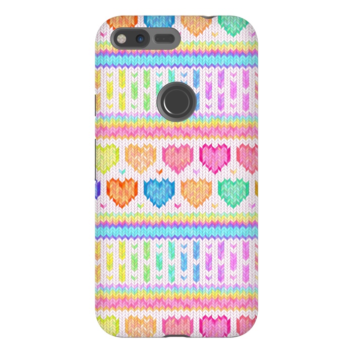 Pixel XL StrongFit Cozy Knit with Rainbow Hearts on Off White by Micklyn Le Feuvre