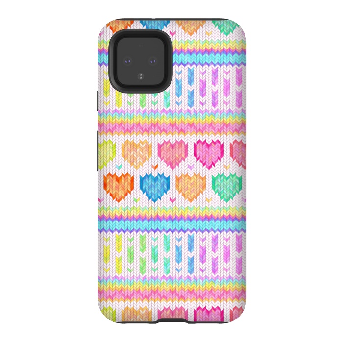 Pixel 4 StrongFit Cozy Knit with Rainbow Hearts on Off White by Micklyn Le Feuvre