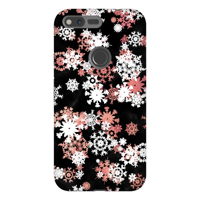 Pixel XL StrongFit Rose gold and white snowflakes on black background by Oana 