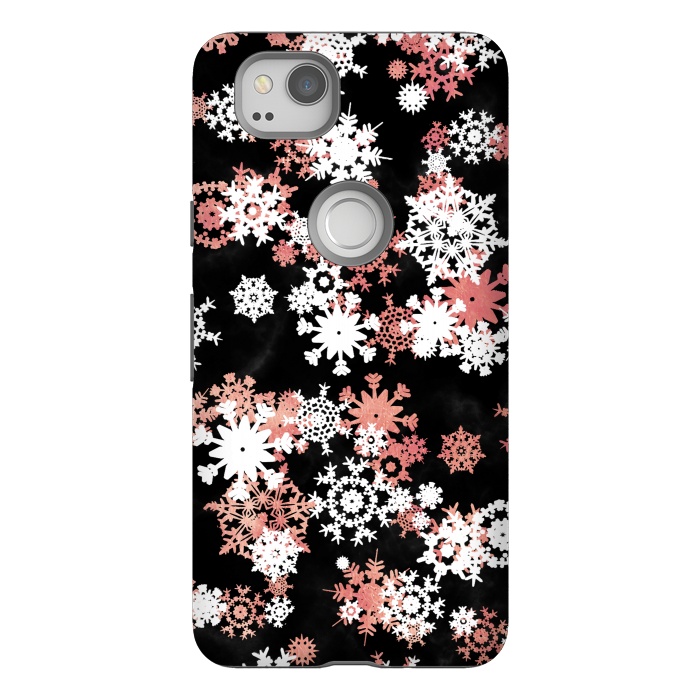 Pixel 2 StrongFit Rose gold and white snowflakes on black background by Oana 