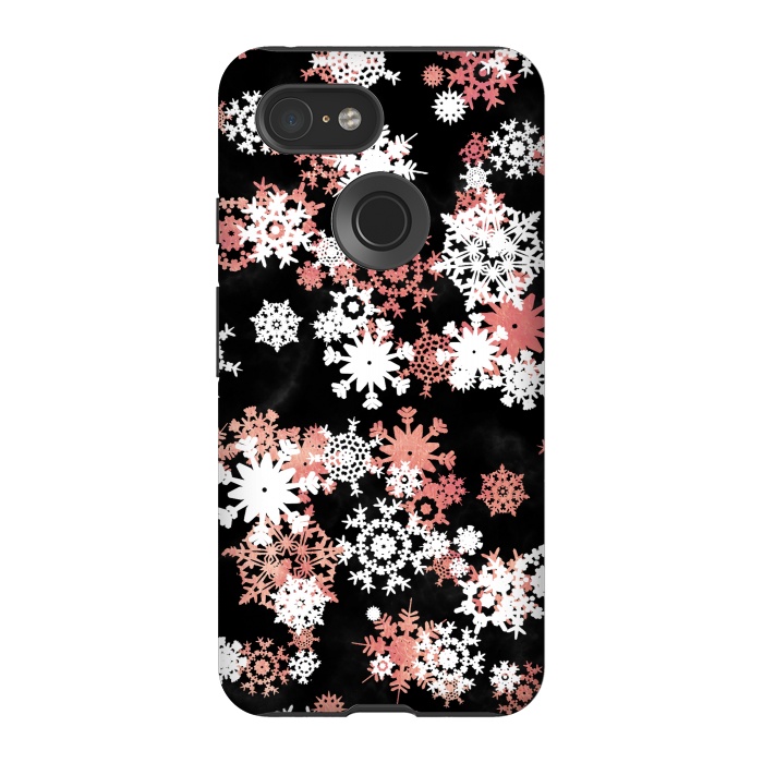 Pixel 3 StrongFit Rose gold and white snowflakes on black background by Oana 