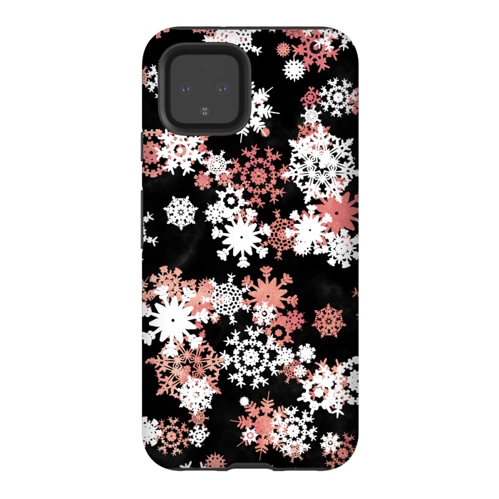 Pixel 4 StrongFit Rose gold and white snowflakes on black background by Oana 