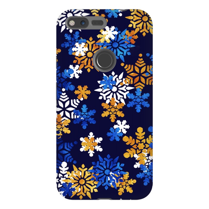 Pixel XL StrongFit Blue, gold, white snowflakes by Oana 
