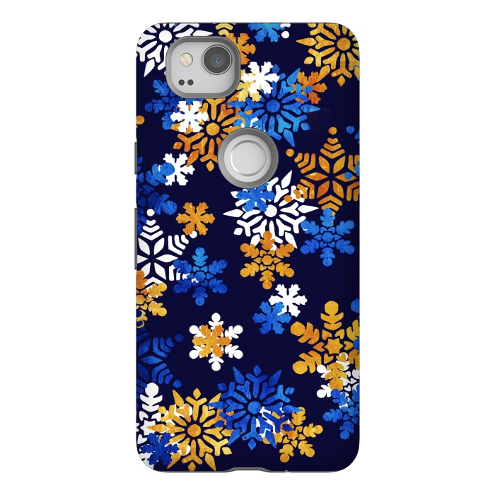 Pixel 2 StrongFit Blue, gold, white snowflakes by Oana 