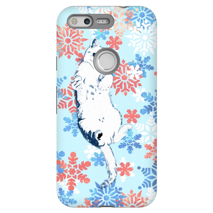 Pixel StrongFit White cat and blue white gold snowflakes by Oana 