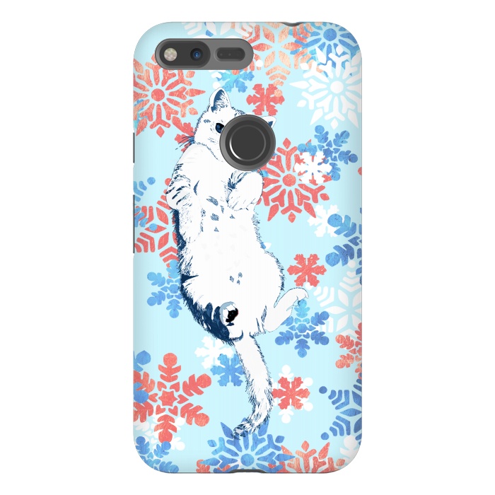 Pixel XL StrongFit White cat and blue white gold snowflakes by Oana 