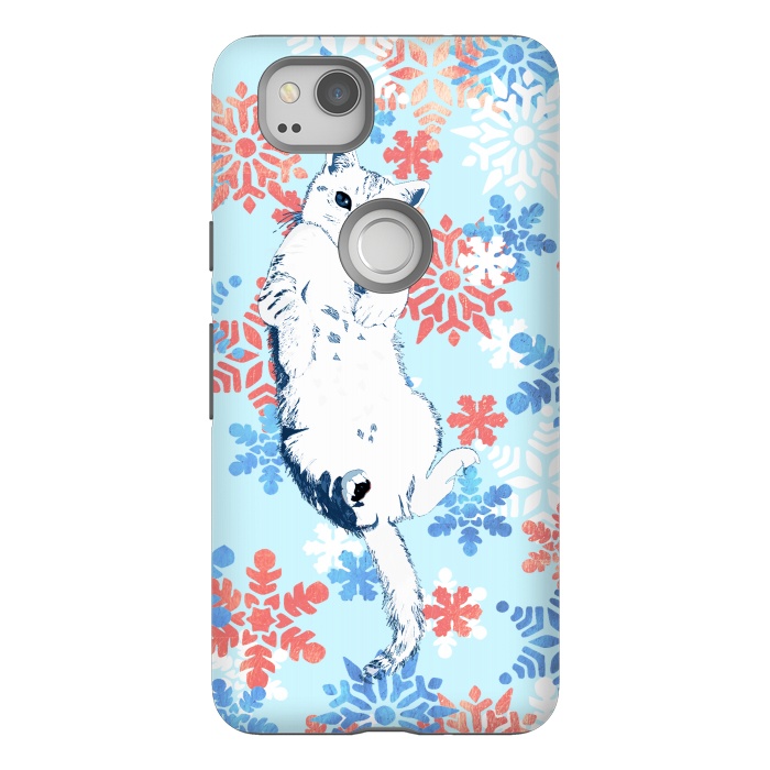 Pixel 2 StrongFit White cat and blue white gold snowflakes by Oana 