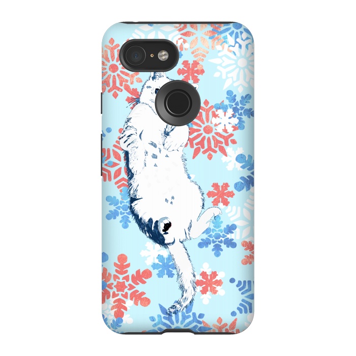 Pixel 3 StrongFit White cat and blue white gold snowflakes by Oana 