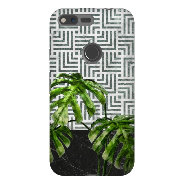 Pixel XL StrongFit  Monstera Leaves on Black Marble and Tiles by amini54