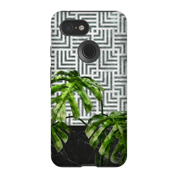 Pixel 3 StrongFit  Monstera Leaves on Black Marble and Tiles by amini54