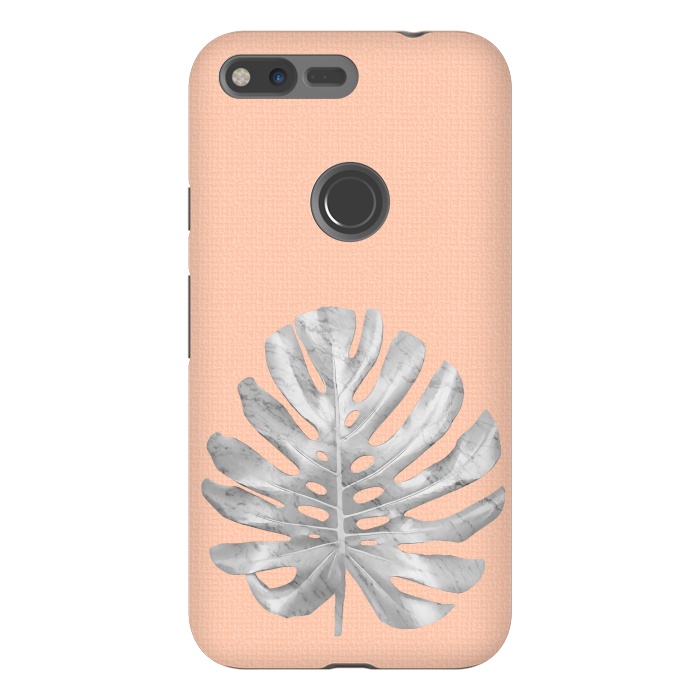 Pixel XL StrongFit White Marble Monstera on Peach Wall by amini54