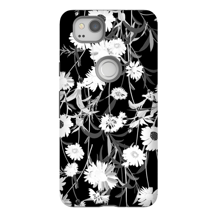 Pixel 2 StrongFit White daisies botanical illustration on black background by Oana 