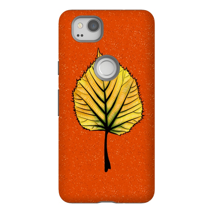 Pixel 2 StrongFit Yellow Linden Leaf On Orange | Decorative Botanical Art by Boriana Giormova