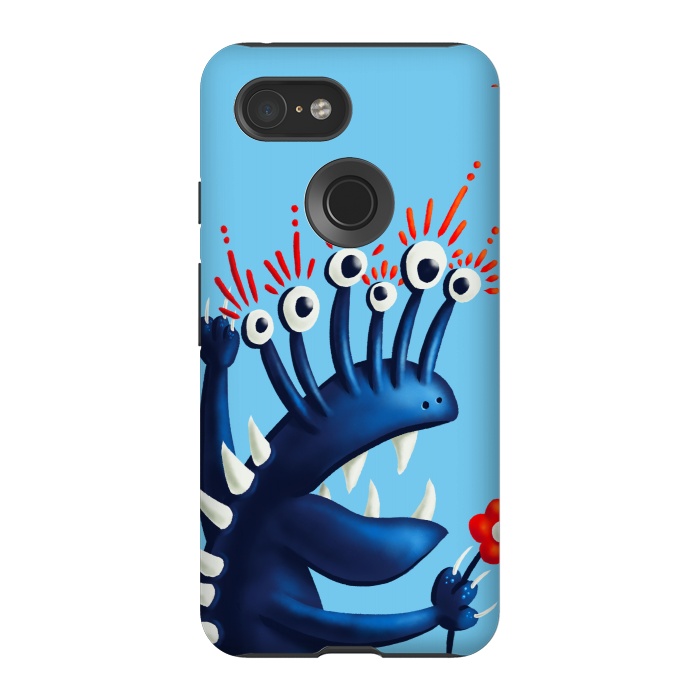 Pixel 3 StrongFit Funny Monster In Blue With Flower by Boriana Giormova