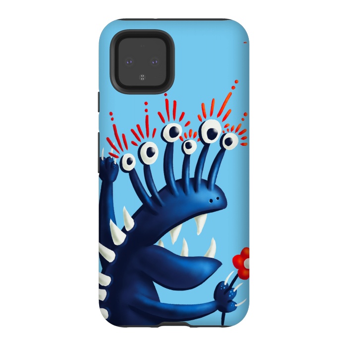 Pixel 4 StrongFit Funny Monster In Blue With Flower by Boriana Giormova