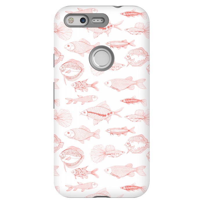 Pixel StrongFit Fishes in living coral color, hand drawn pattern by Katerina Kirilova