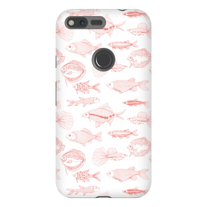 Pixel XL StrongFit Fishes in living coral color, hand drawn pattern by Katerina Kirilova