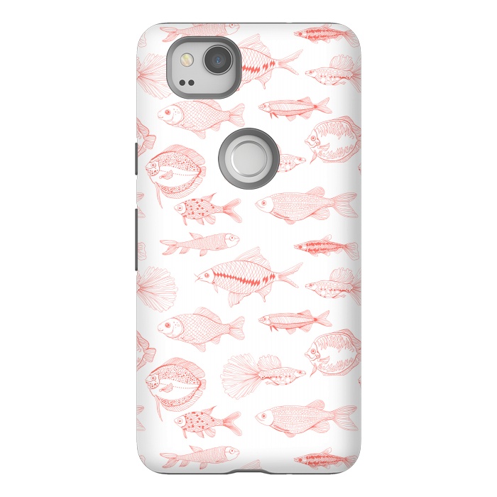 Pixel 2 StrongFit Fishes in living coral color, hand drawn pattern by Katerina Kirilova
