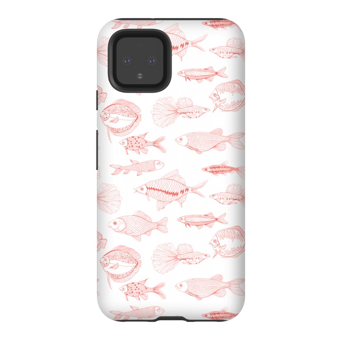 Pixel 4 StrongFit Fishes in living coral color, hand drawn pattern by Katerina Kirilova