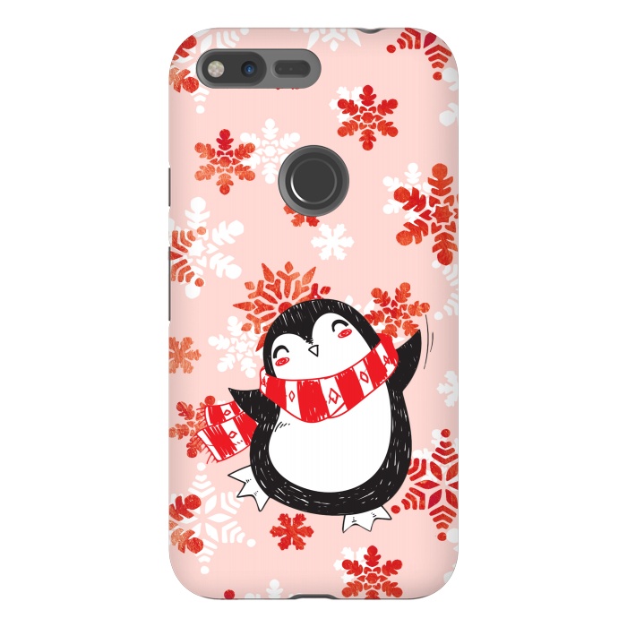 Pixel XL StrongFit Happy penguin and metallic snowflakes - winter illustration by Oana 