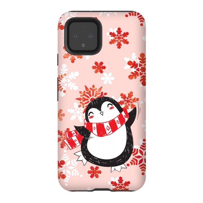 Pixel 4 StrongFit Happy penguin and metallic snowflakes - winter illustration by Oana 
