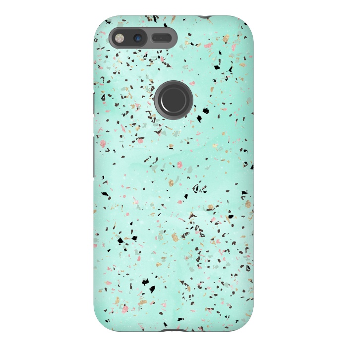 Pixel XL StrongFit Mint and gold marble terrazzo design Confetti  by InovArts