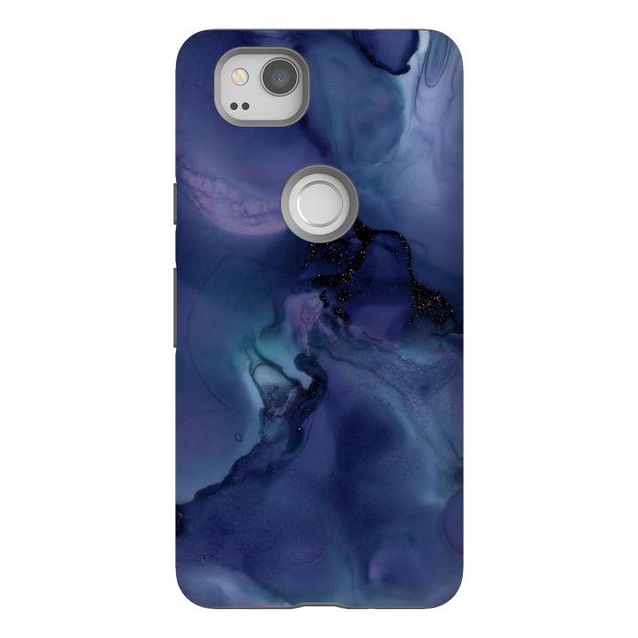 Pixel 2 StrongFit Black Glitter Veins on Blue Ink Marble by  Utart