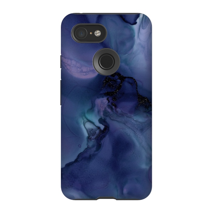 Pixel 3 StrongFit Black Glitter Veins on Blue Ink Marble by  Utart
