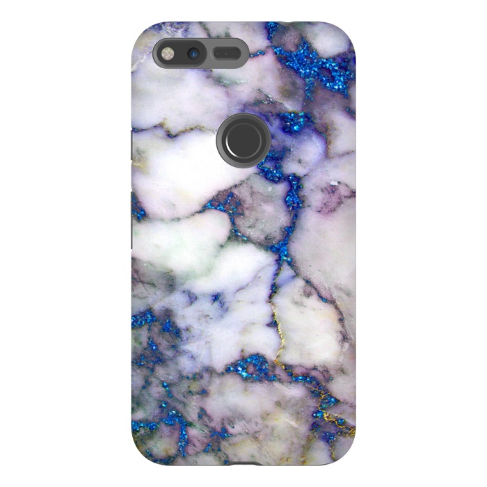 Pixel XL StrongFit Blue Glitter Veins on Gray Marble by  Utart