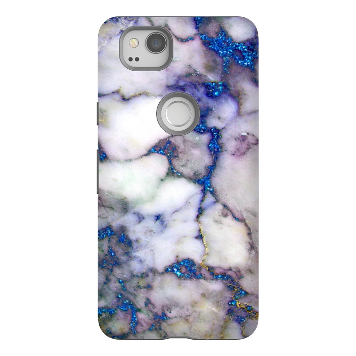 Pixel 2 StrongFit Blue Glitter Veins on Gray Marble by  Utart