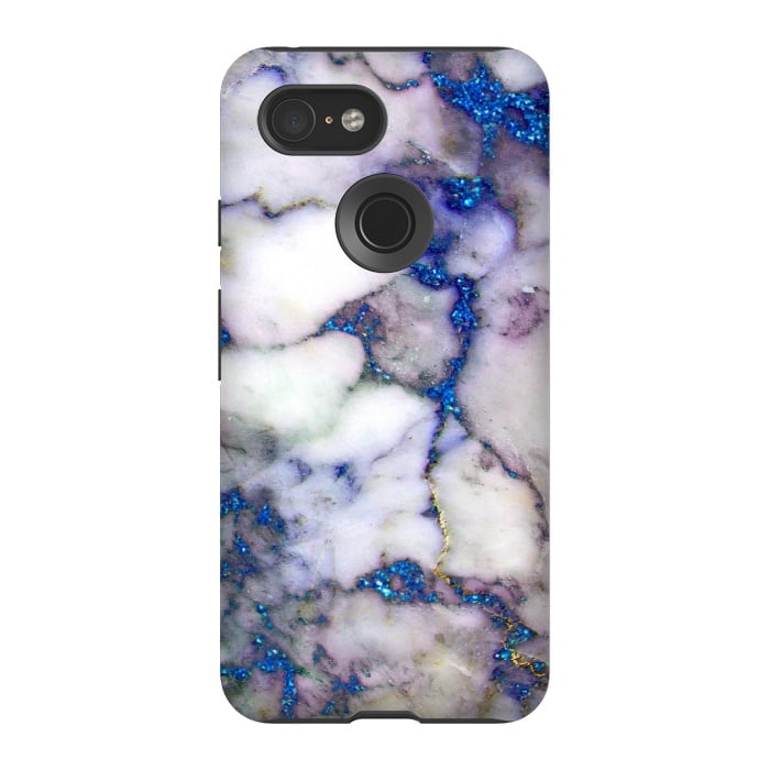 Pixel 3 StrongFit Blue Glitter Veins on Gray Marble by  Utart
