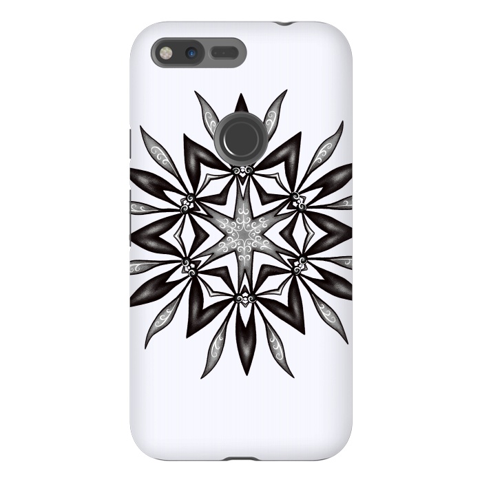 Pixel XL StrongFit Kaleidoscopic Flower Art In Black And White by Boriana Giormova