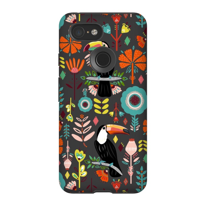 Pixel 3 StrongFit Colorful Toucans On Grey  by Tigatiga