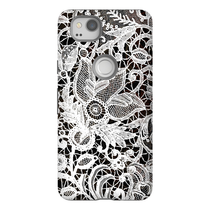 Pixel 2 StrongFit White floral vintage lace on black by Oana 