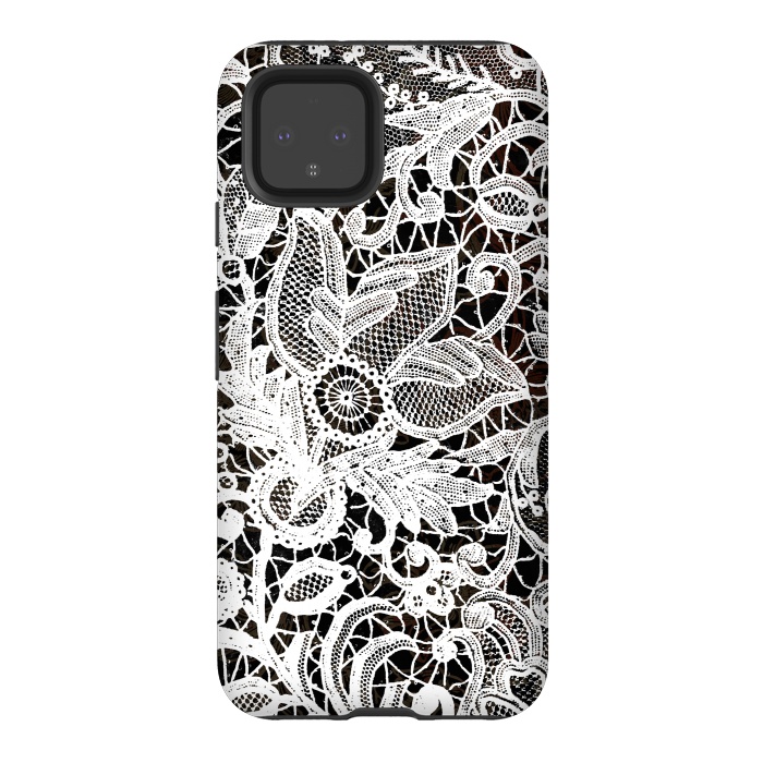 Pixel 4 StrongFit White floral vintage lace on black by Oana 
