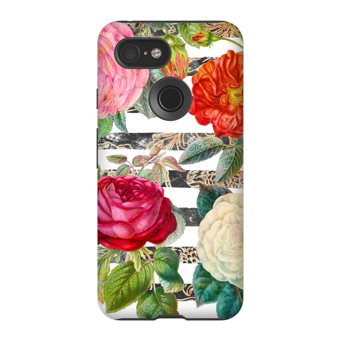 Pixel 3 StrongFit Vibrant romantic botanical flowers and white stripes by Oana 