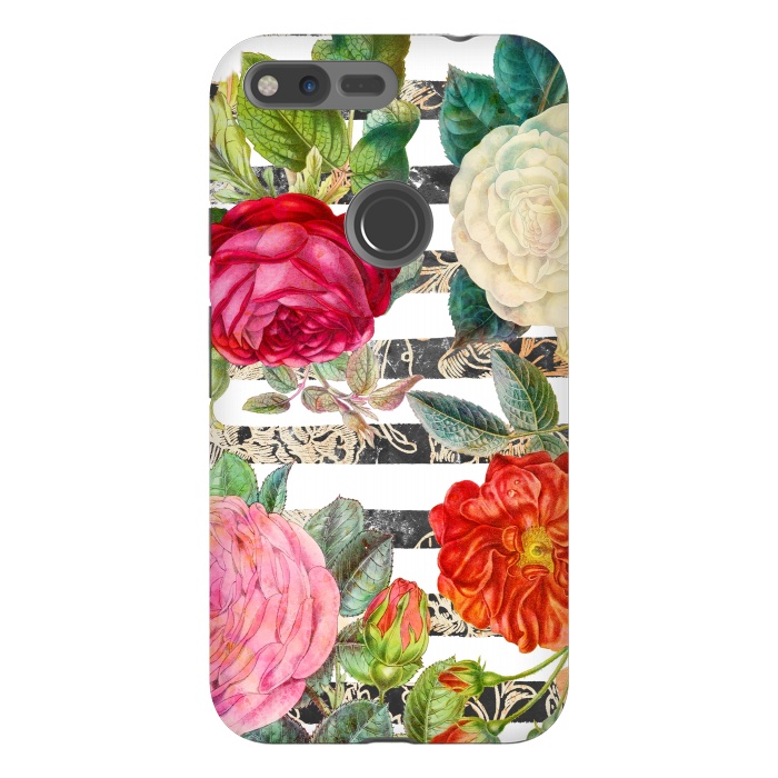 Pixel XL StrongFit Colorful roses botanical illustration on white stripes by Oana 