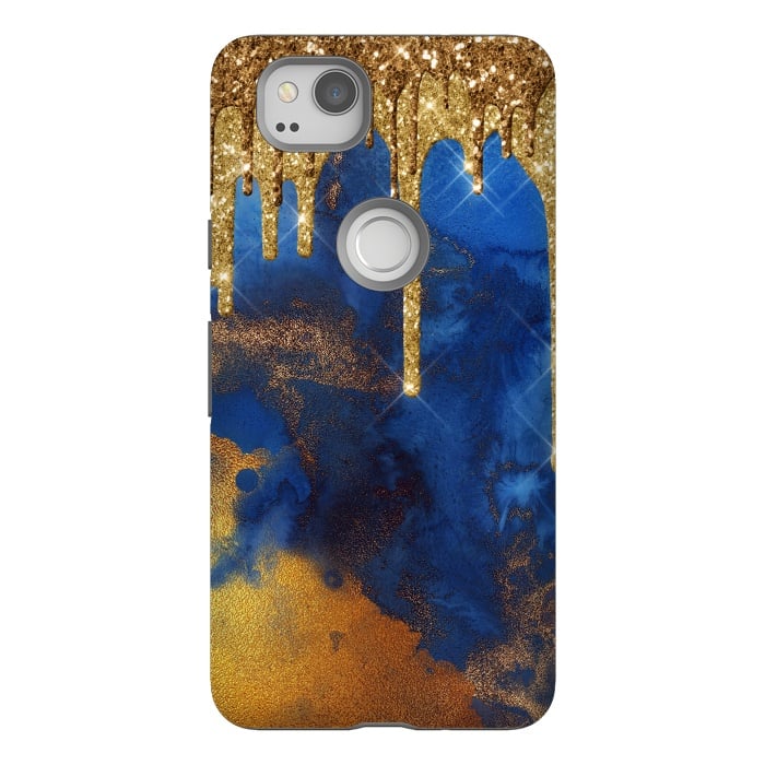 Pixel 2 StrongFit Raining Gold Glitter and Foil on Indigo Marble Ink by  Utart