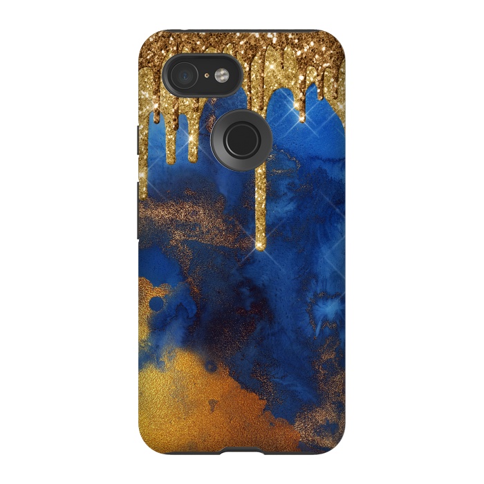 Pixel 3 StrongFit Raining Gold Glitter and Foil on Indigo Marble Ink by  Utart