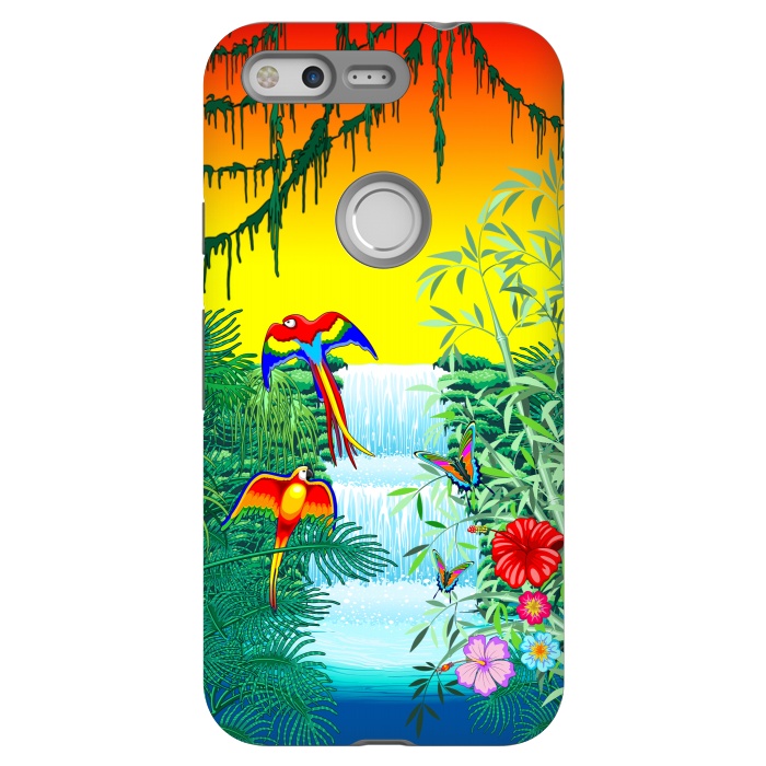 Pixel StrongFit Waterfall Macaws and Butterflies on Exotic Landscape by BluedarkArt