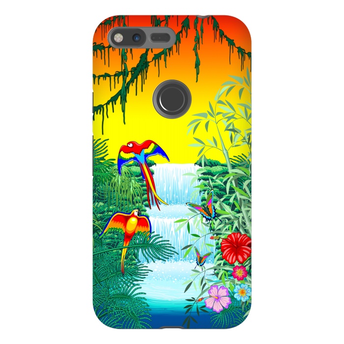 Pixel XL StrongFit Waterfall Macaws and Butterflies on Exotic Landscape by BluedarkArt