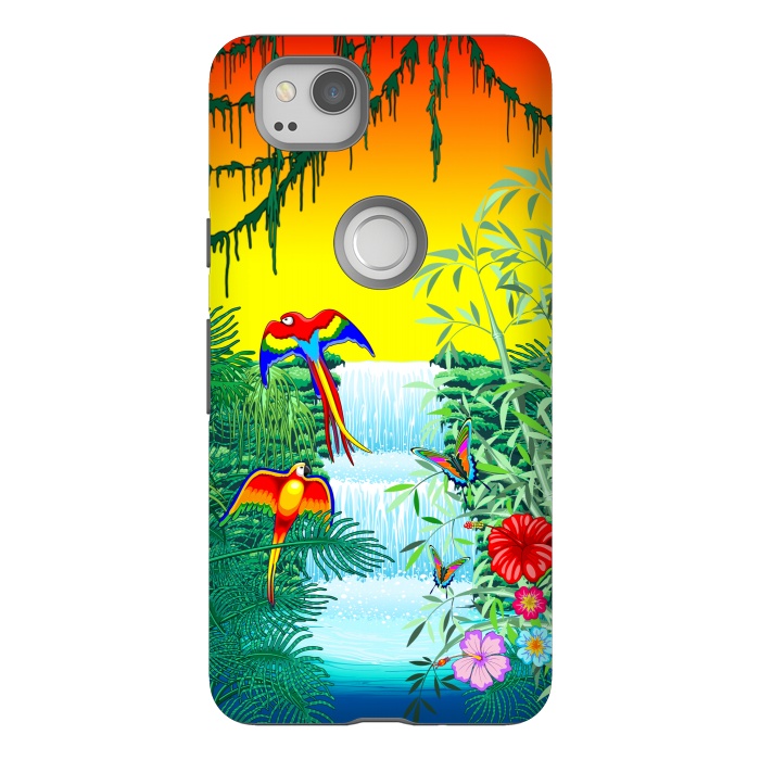 Pixel 2 StrongFit Waterfall Macaws and Butterflies on Exotic Landscape by BluedarkArt