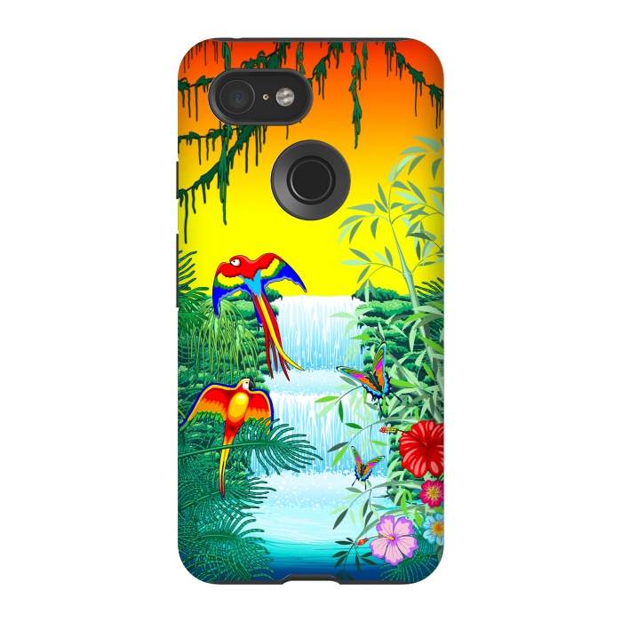 Pixel 3 StrongFit Waterfall Macaws and Butterflies on Exotic Landscape by BluedarkArt