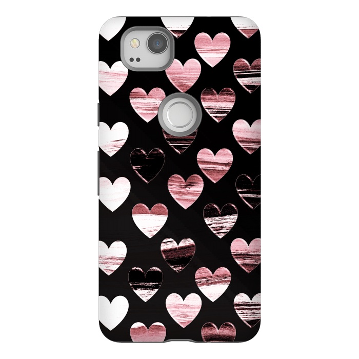 Pixel 2 StrongFit Pink white brushed chocolate hearts on black backgroung by Oana 
