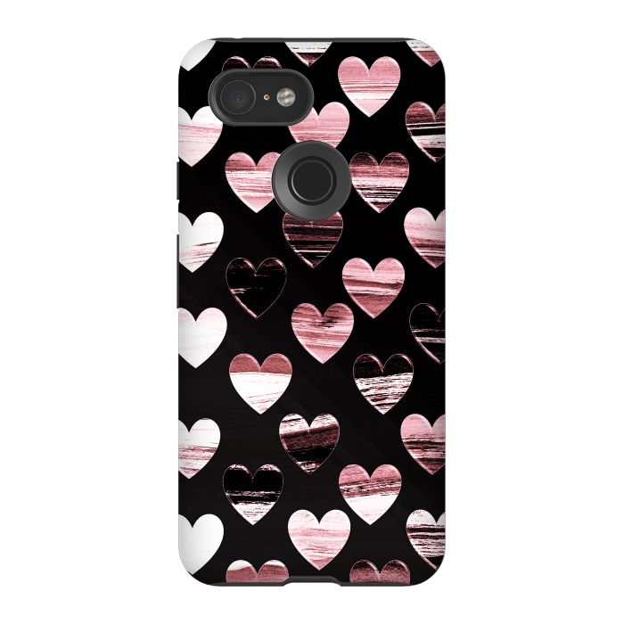 Pixel 3 StrongFit Pink white brushed chocolate hearts on black backgroung by Oana 